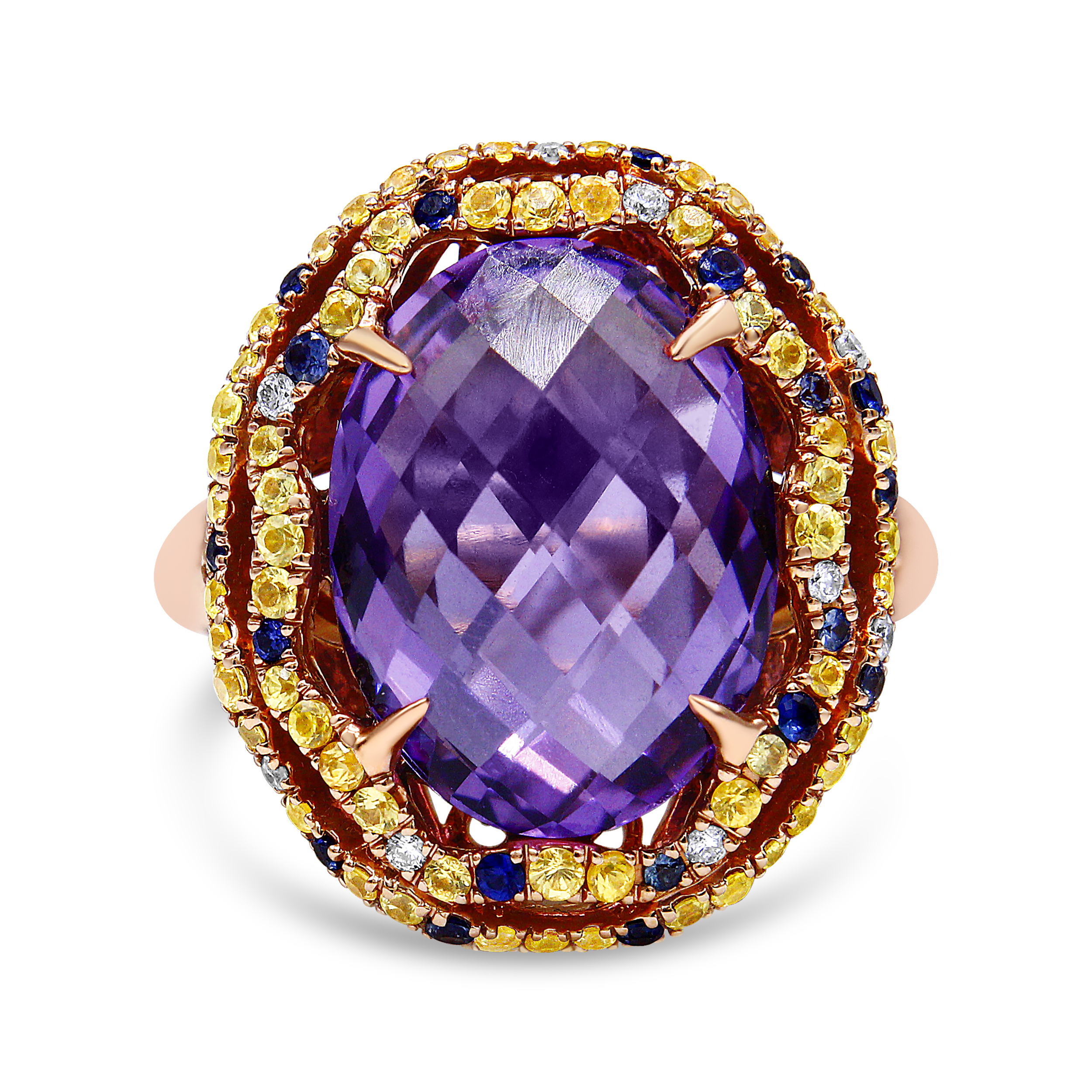 18K Yellow and Rose Gold Claw Prong Set Checkerboard Cut Purple Amethyst, Blue  Yellow Sapphire, Diamond Accent Cocktail Ring Band (F-G Color, VS1-VS2 Clarity) - Ring Size 7