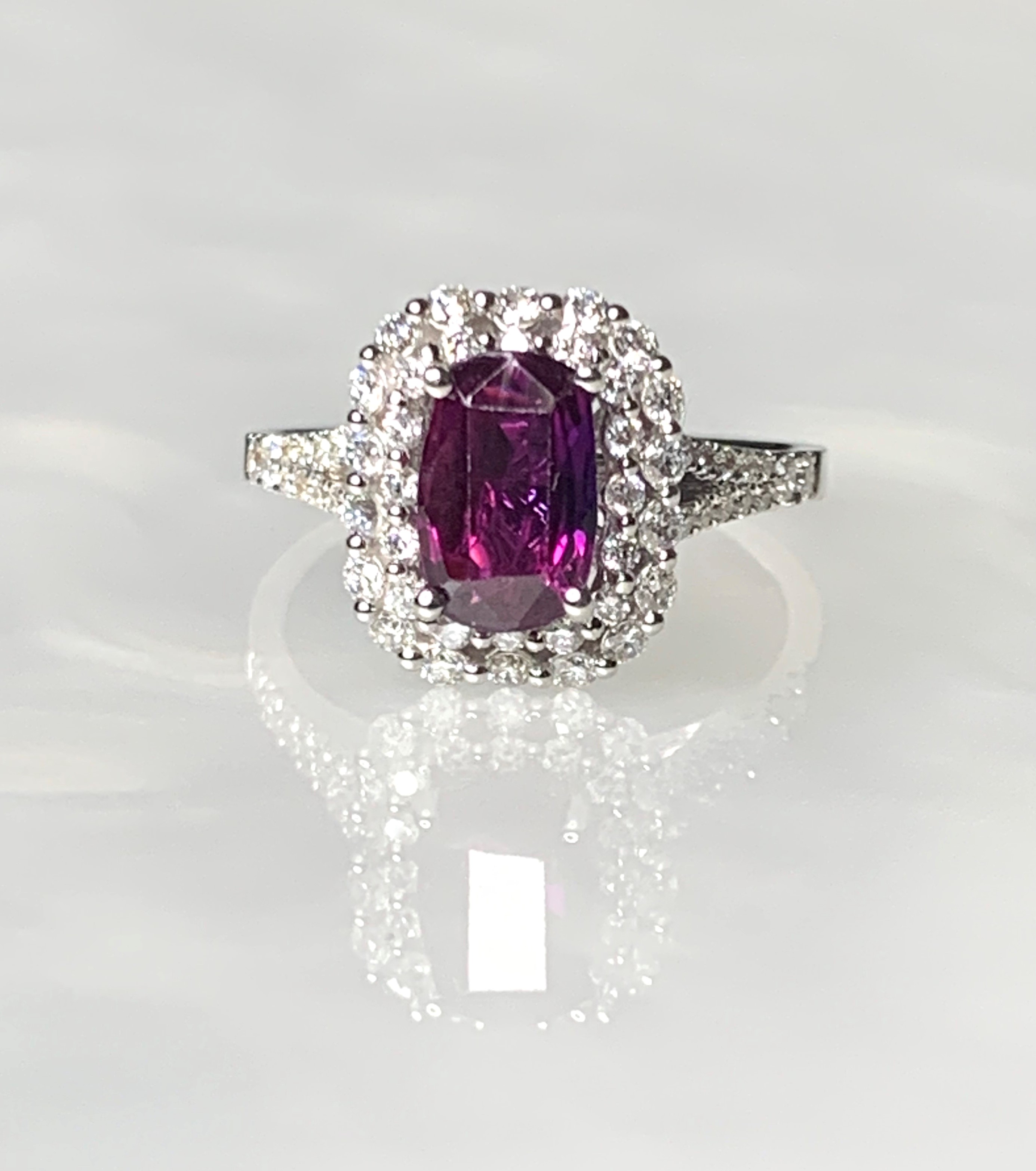 18K White Gold Cushion Cut Ruby Diamond Ring