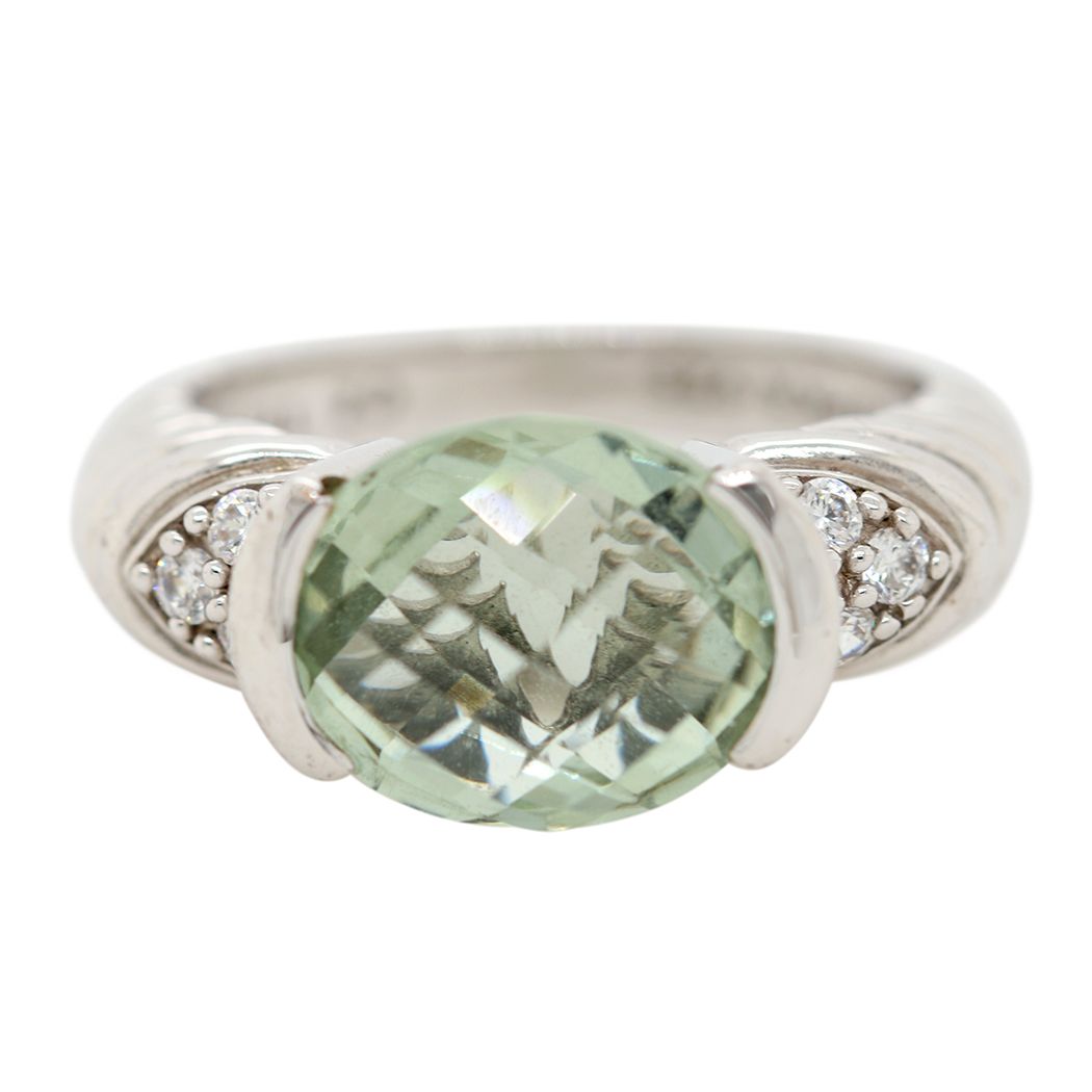 Judith Ripka Silver CZ and Green Stone Ring 