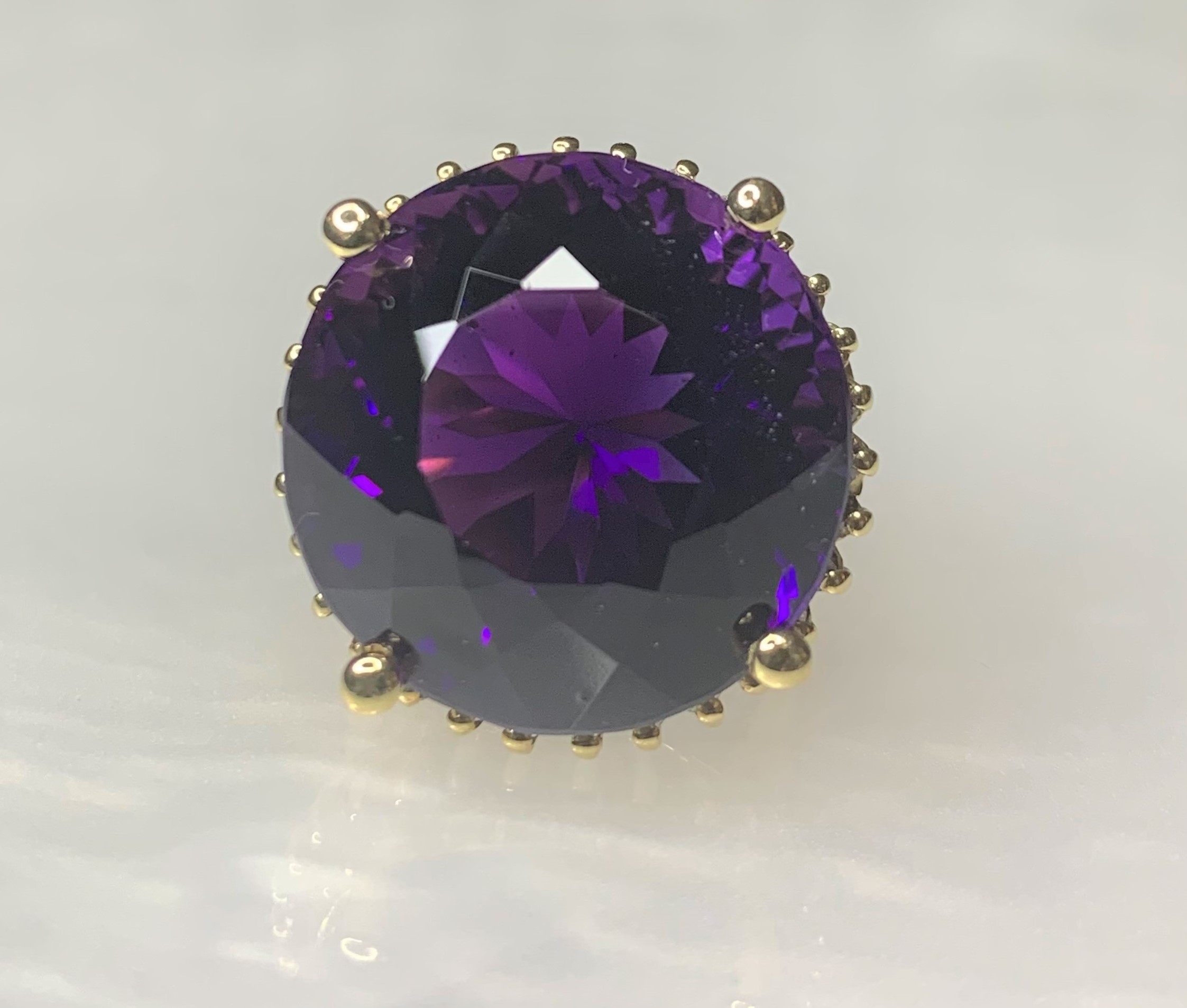 14K Yellow Gold Round Shaped Amethyst Cocktail Diamond Ring