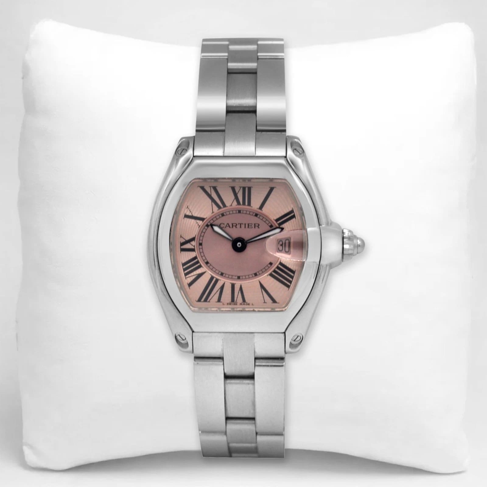 Cartier Roadster 2675 Quartz 31mm Pink Roman Dial Date Steel Watch