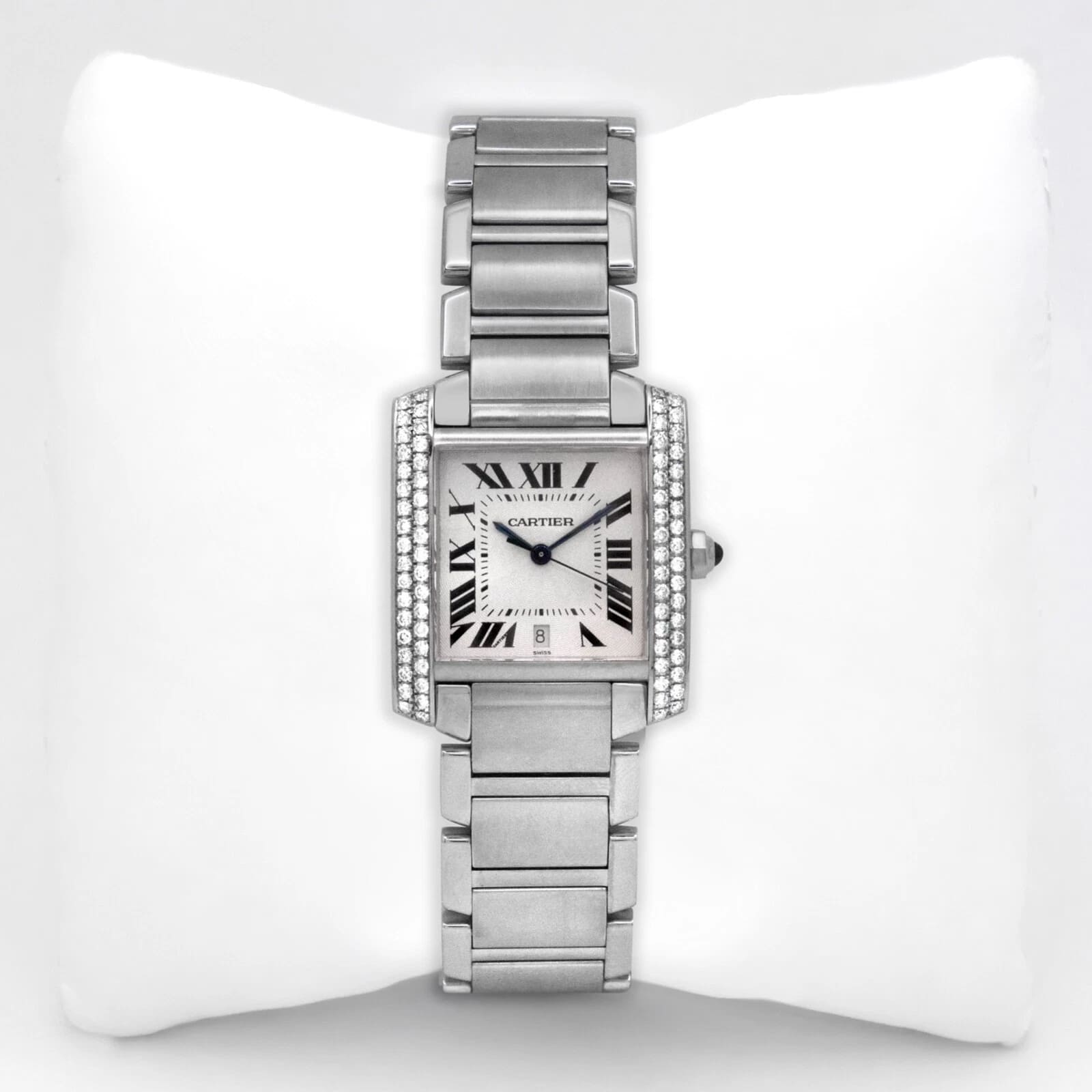 Cartier Tank Française 2302 Auto 28m Custom 1.40ct Dia Bezel White Dial SS Watch