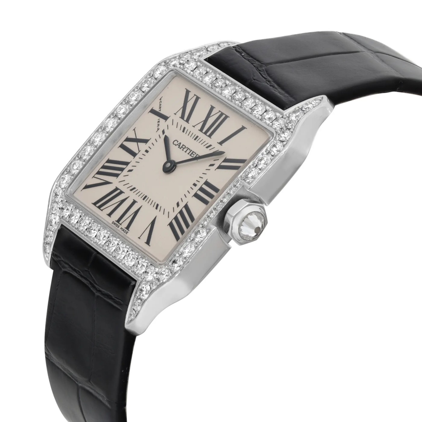 Cartier Santos-Dumont 18K White Gold Silver Dial Diamond Quartz Watch