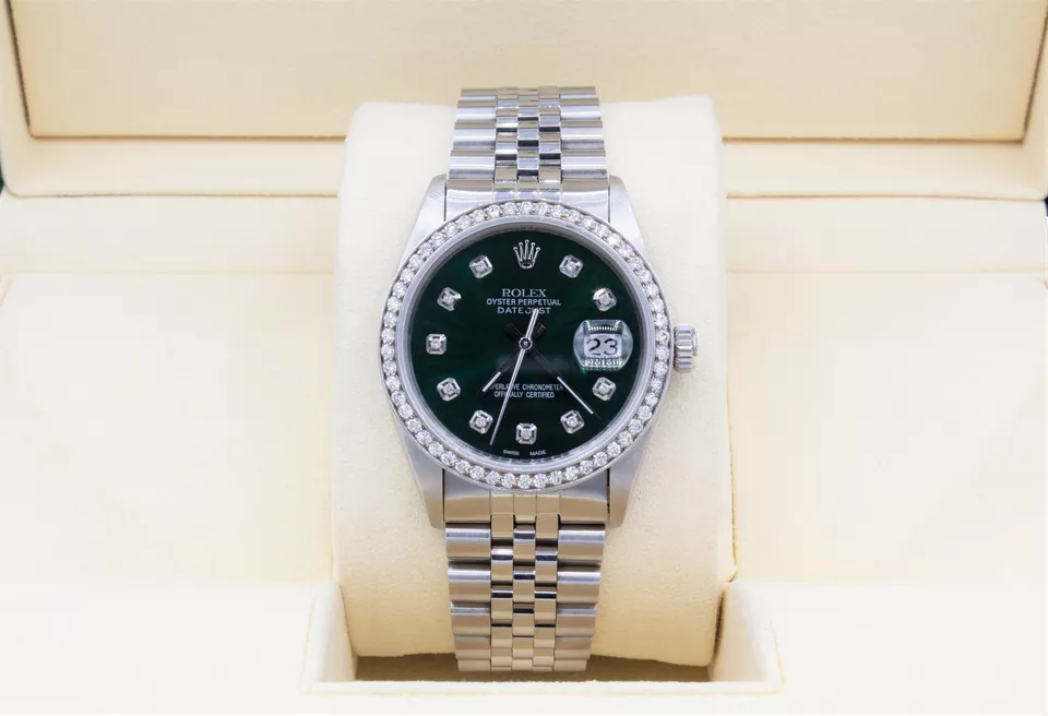 Rolex Datejust 36mm Custom 1.15ct VS Diamond Bezel  Green Dial S/S Quickset