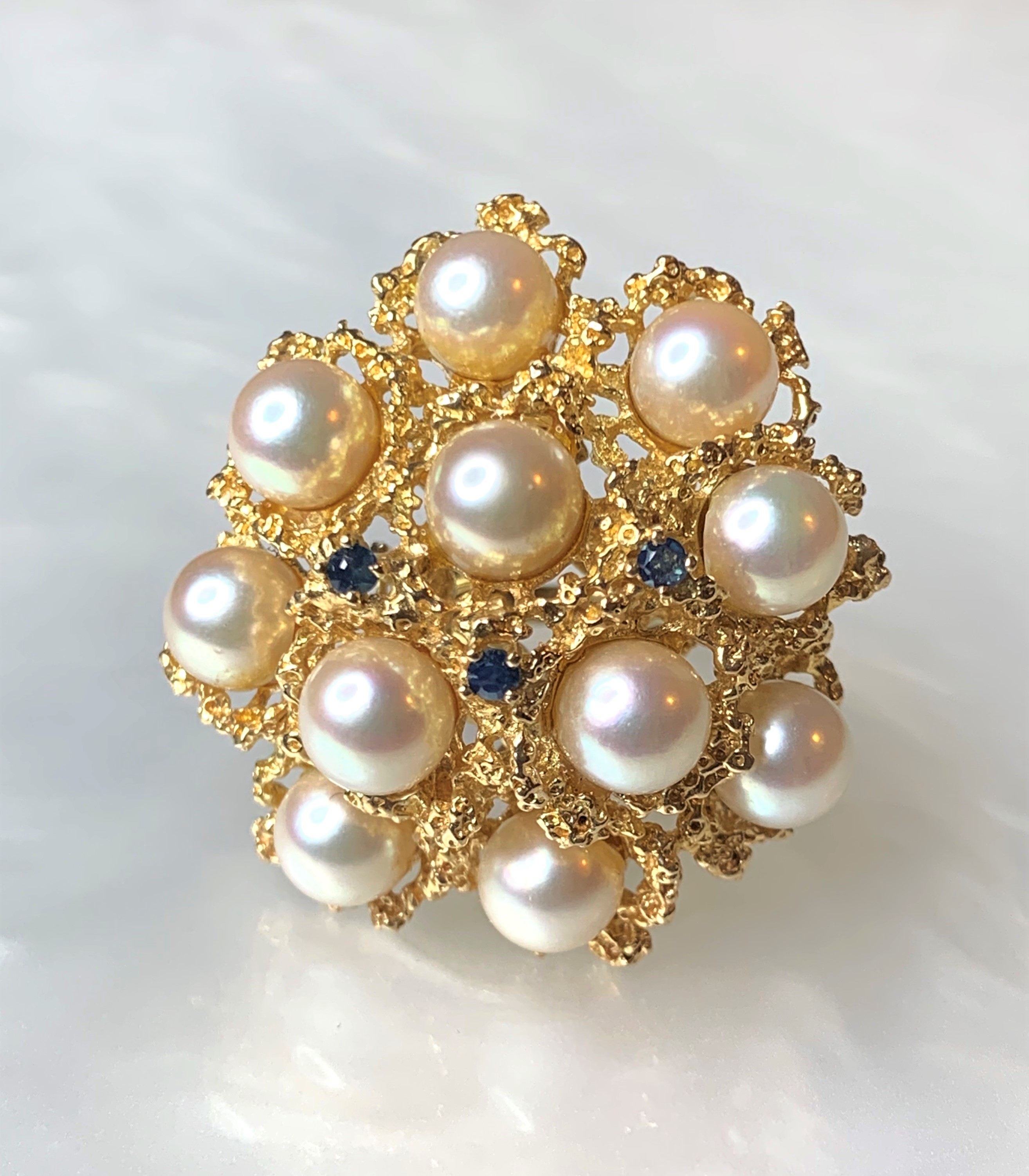14K Yellow Gold Blue Sapphire Pearl Ring