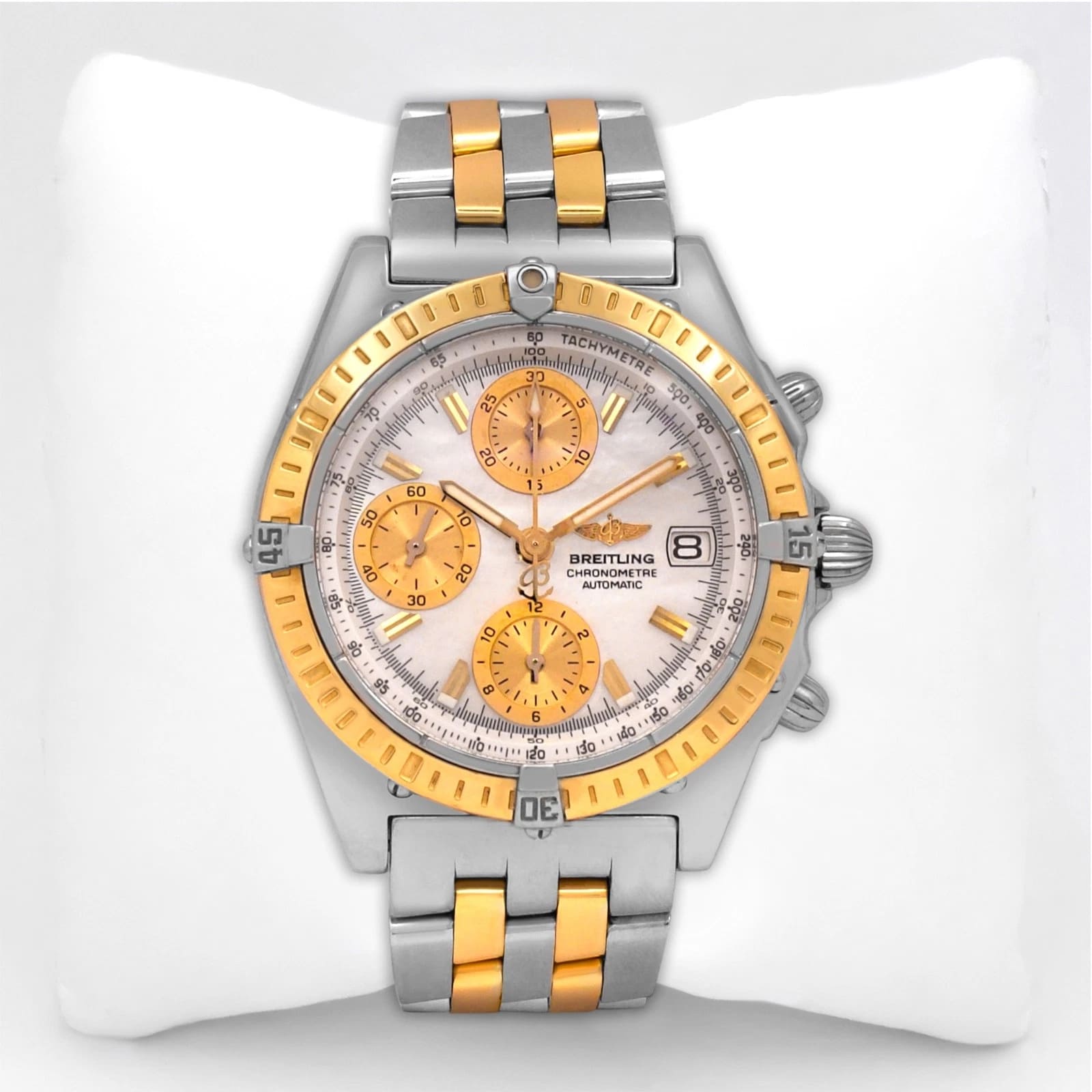 Breitling Chronomat D13352 Auto 39mm MOP White Dial YG 18k TT Bezel/Band .Papers