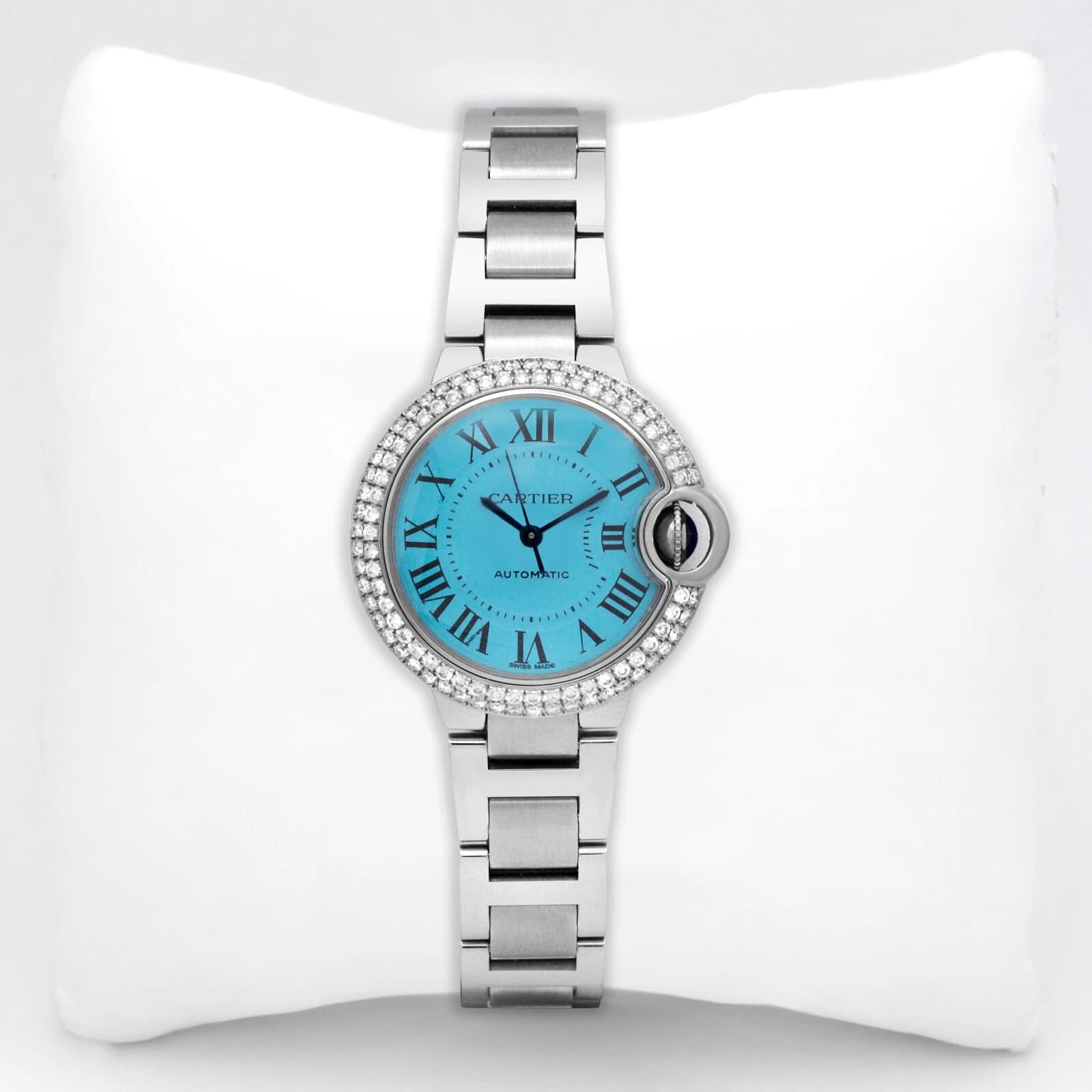 Cartier Ballon Bleu 33mm 3489 Auto Custom Diamond Bezel Blue Roman Dial SS Watch