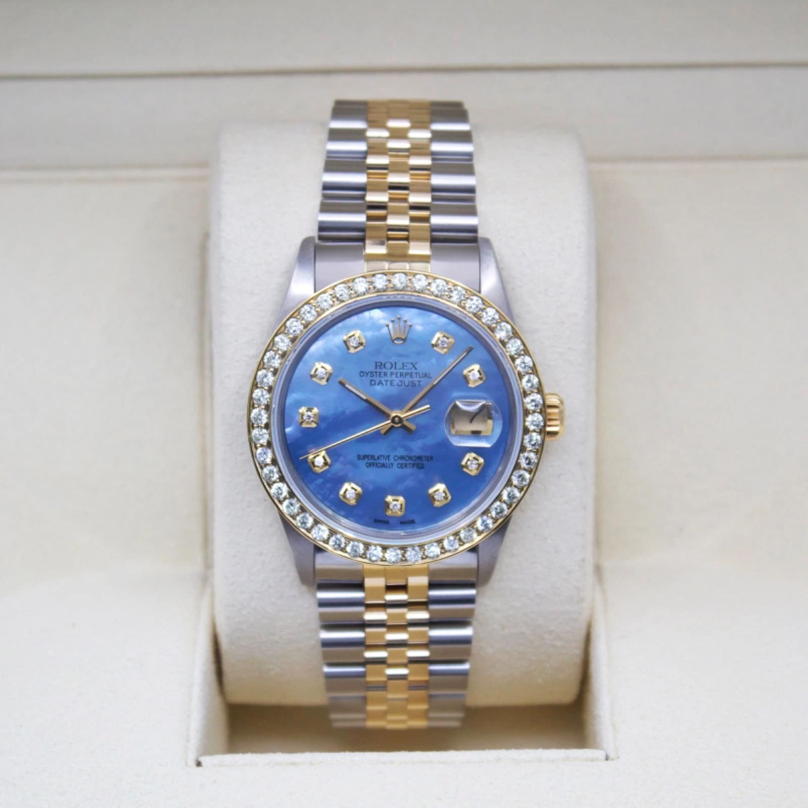 Rolex Datejust 36mm Custom 1.5ct VS Dia Bezel/Marker Blue MOP Dial T/T Jubilee
