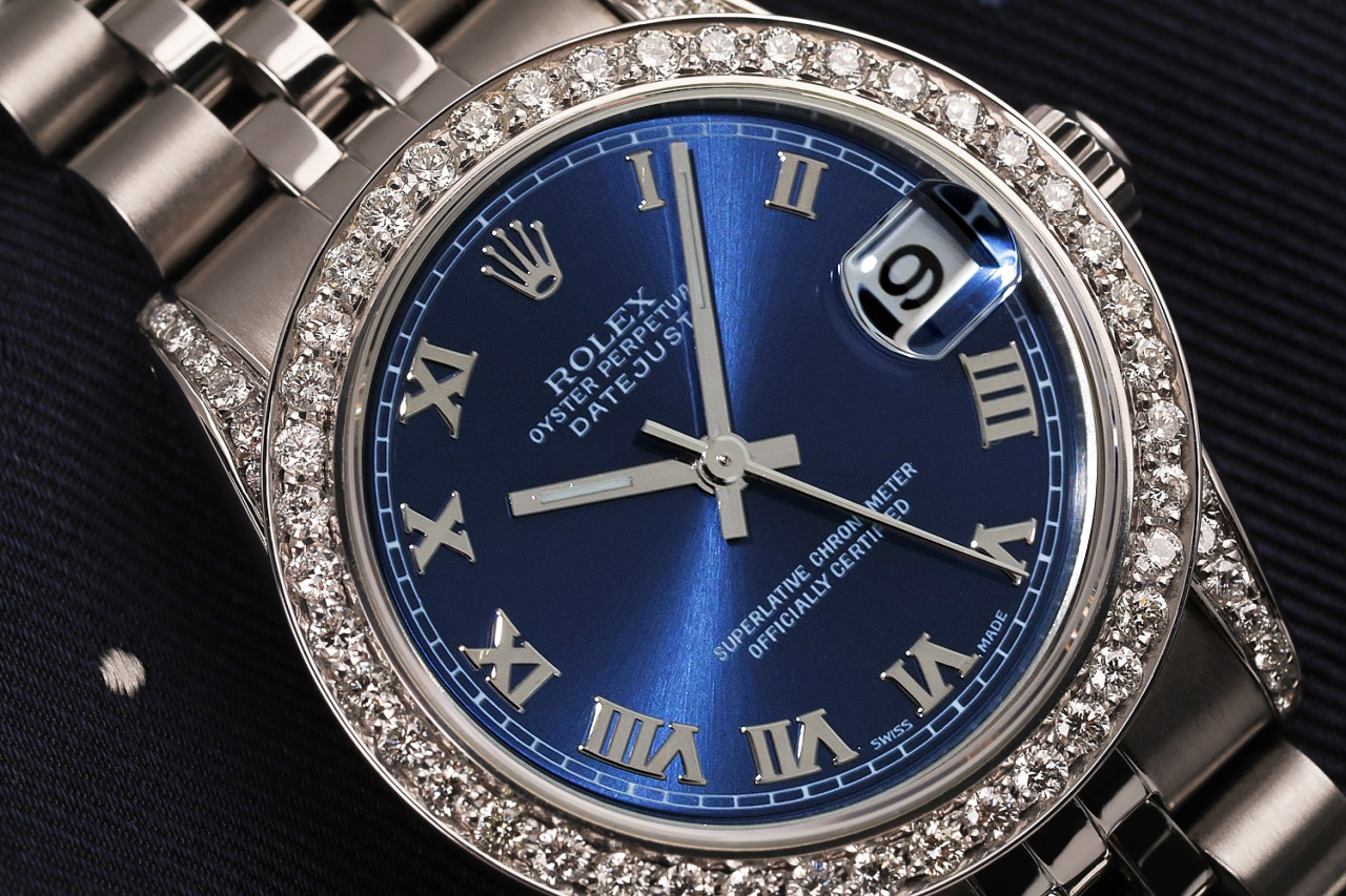 Rolex 31mm Datejust Custom Diamond Bezel Lugs Blue Roman Numeral Dial Stainless Steel Watch