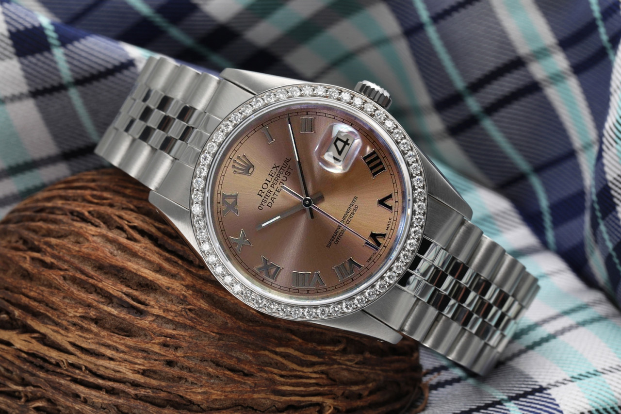 Rolex Oyster Perpetual 36mm Datejust Salmon Dial with Roman Numerals Stainless Steel Watch Diamond Bezel