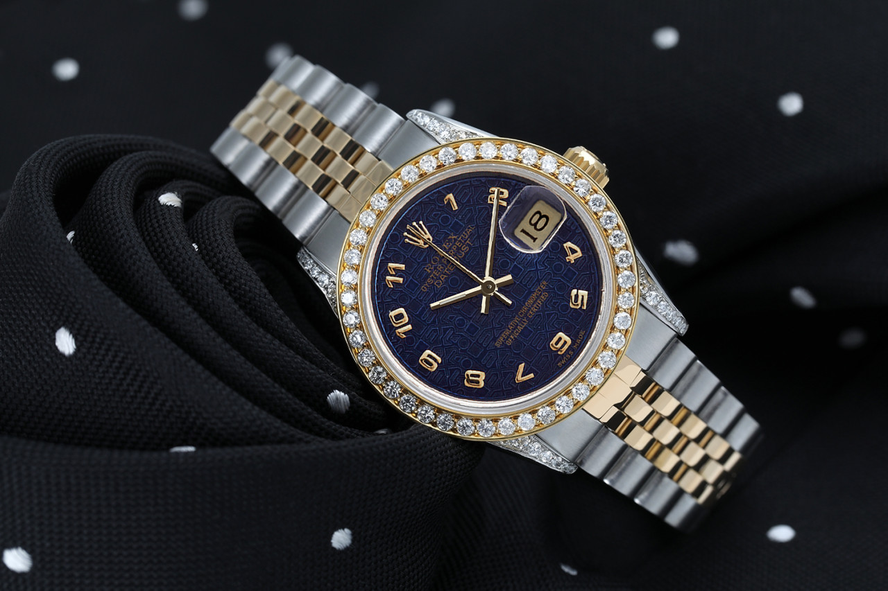 Women's Rolex 31mm Datejust Two Tone Diamond Bezel Lugs Blue Dial Arabic Numerals