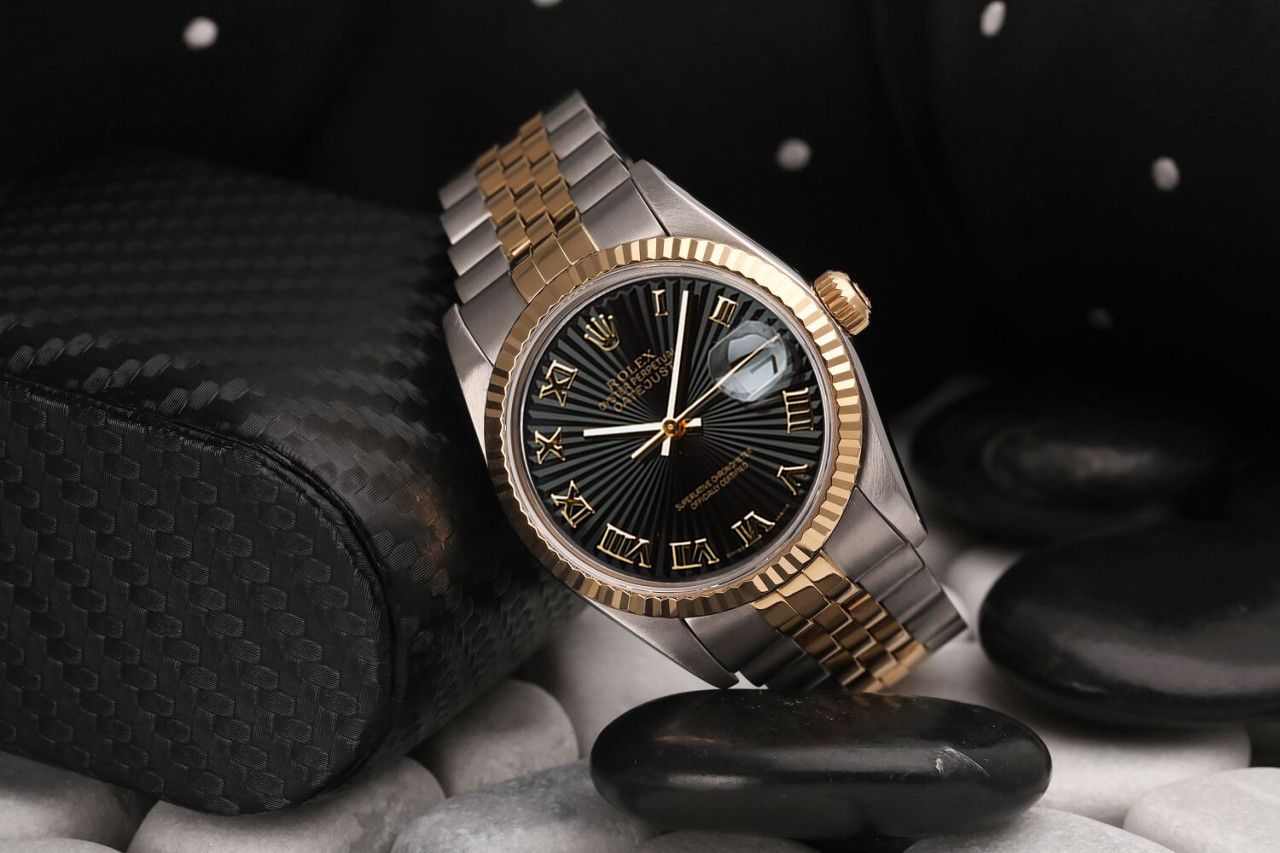 Rolex Oyster Perpetual 36mm Datejust Sunbeam Black Dial with Roman Numerals Two Tone Jubilee Watch
