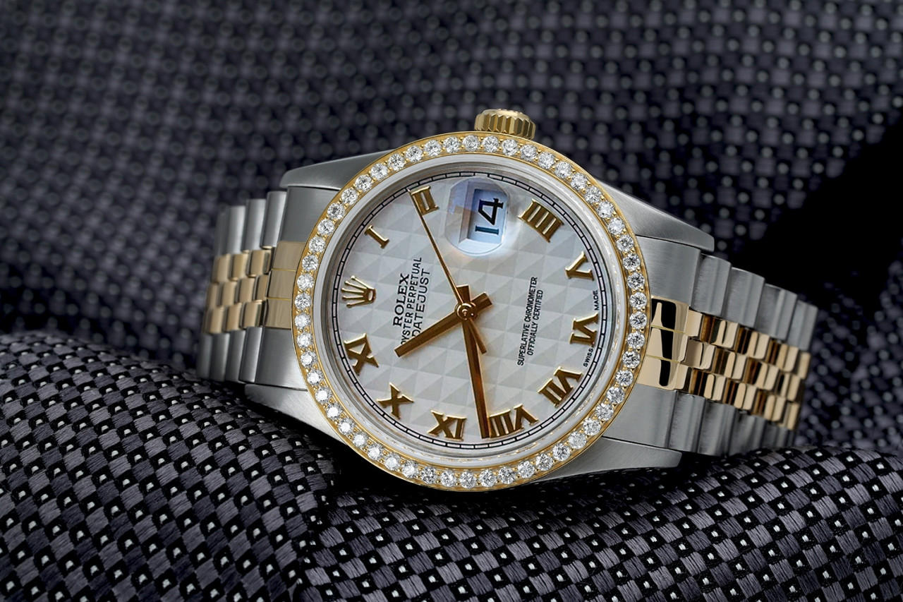 Rolex 36mm Datejust Diamond Bezel Cream Pyramid Roman Dial Jubilee Band Two Tone Watch