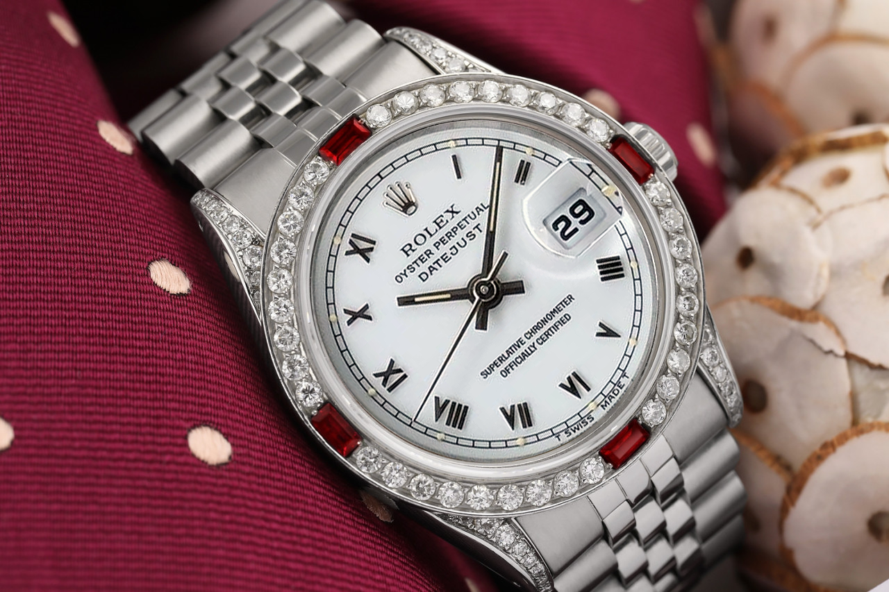 Rolex Datejust White Roman Dial with Ruby Diamond Bezel Jubilee Band