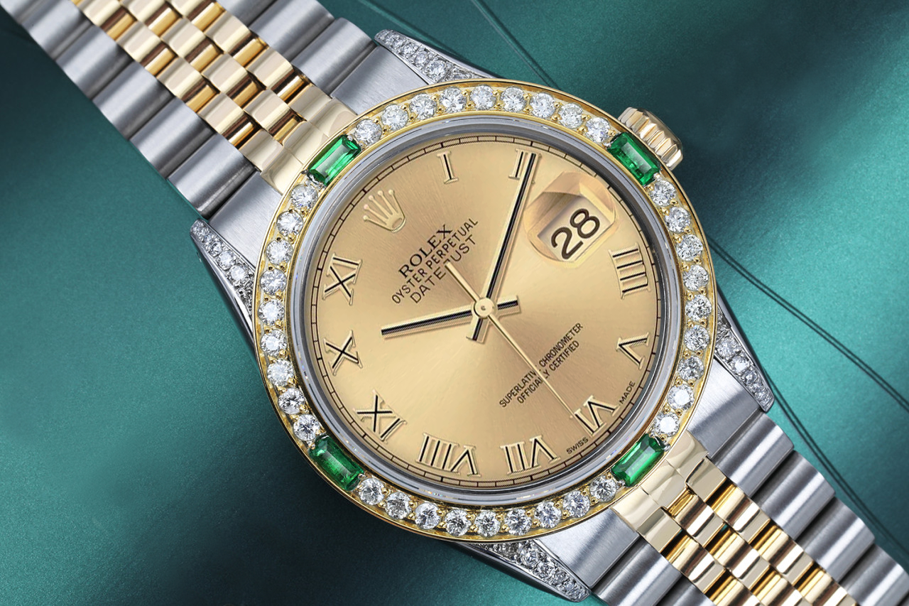 Rolex Datejust Champagne Roman Dial with Emerald Diamond Bezel Two Tone Watch Jubilee Band
