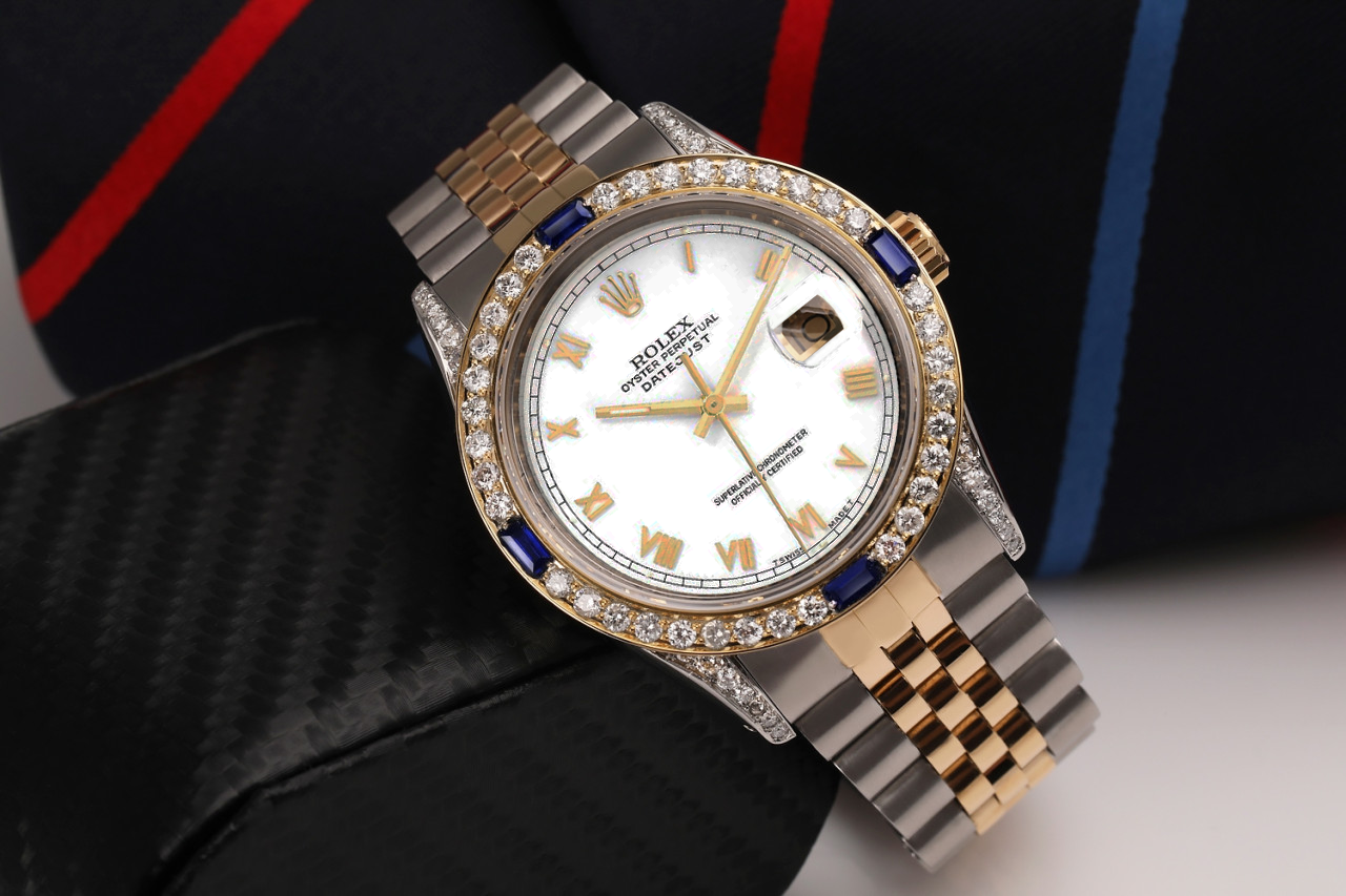 Rolex   Datejust White Roman Numeral Dial Sapphire + Diamond Bezel Two Tone Watch