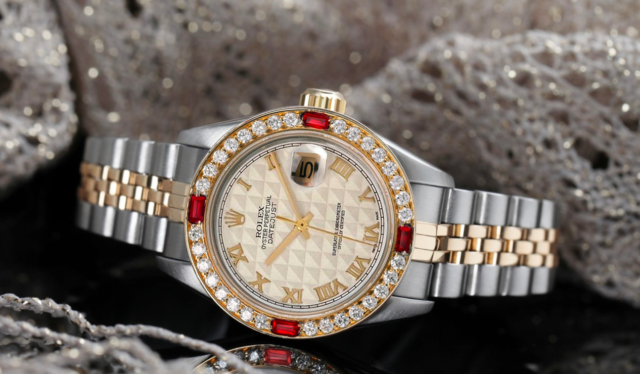 Rolex Ladies Date Datejust Oyster Stainless Diamond Ruby Bezel Watch Rolex Datejust Steel and Gold (two tone) 179383 | SwissWatchExpo main image 2