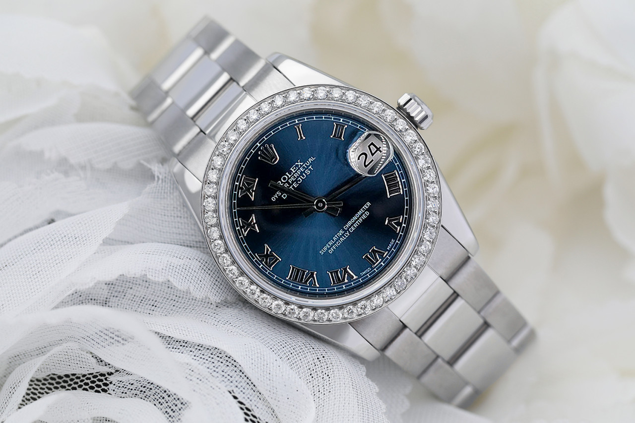 Rolex Datejust Stainless Steel Watch Blue Roman Dial and Diamond Bezel Oyster Band
