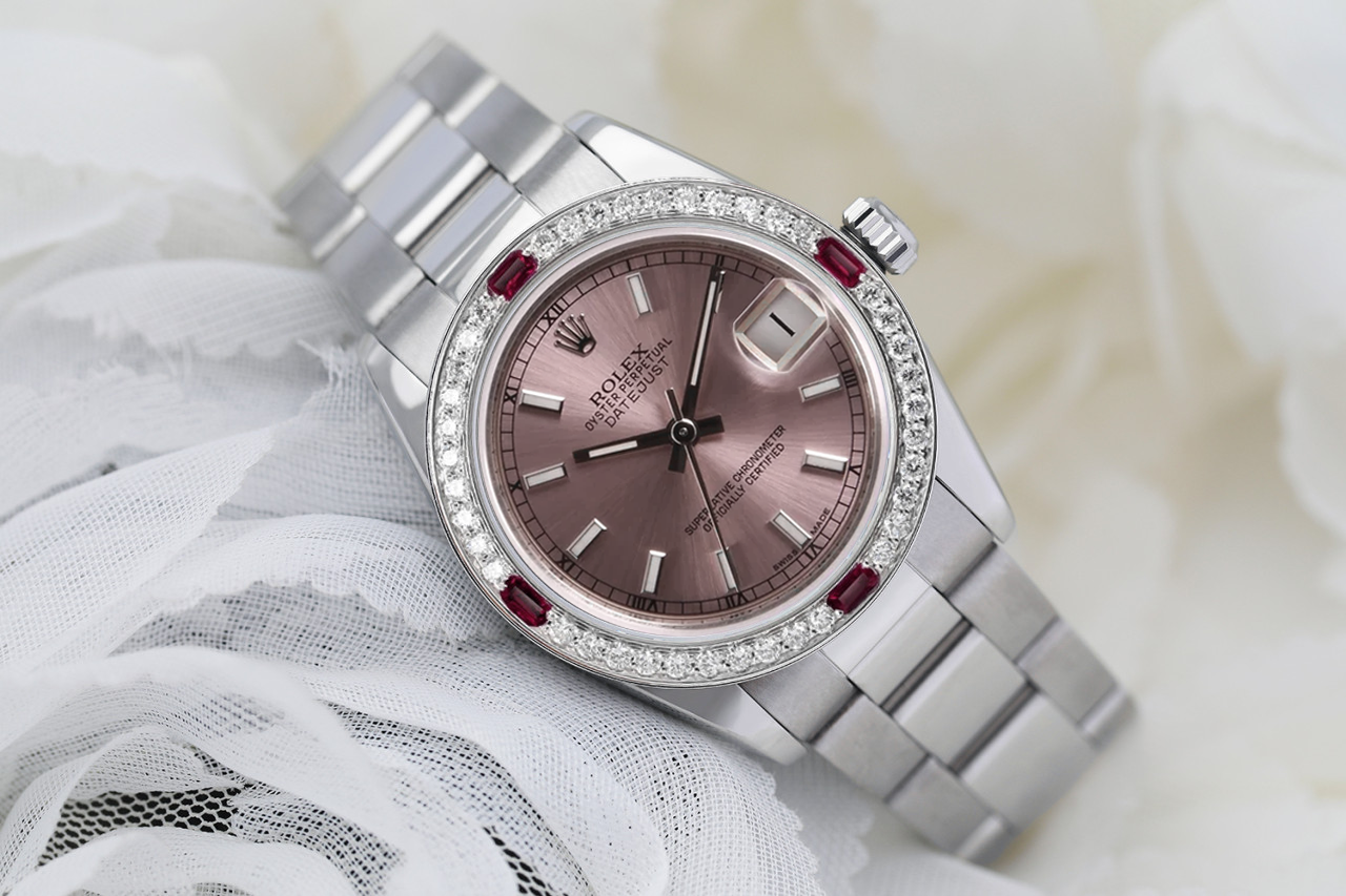 Rolex 31mm Datejust Pink Stick Dial Oyster SS Watch Diamond  Ruby Bezel New Style