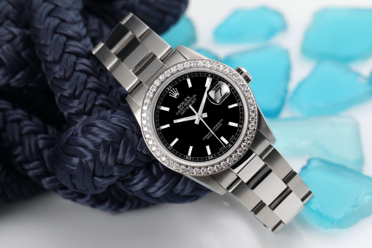 Rolex   Datejust SS Oyster Bracelet  Diamond Bezel Black Stick Dial