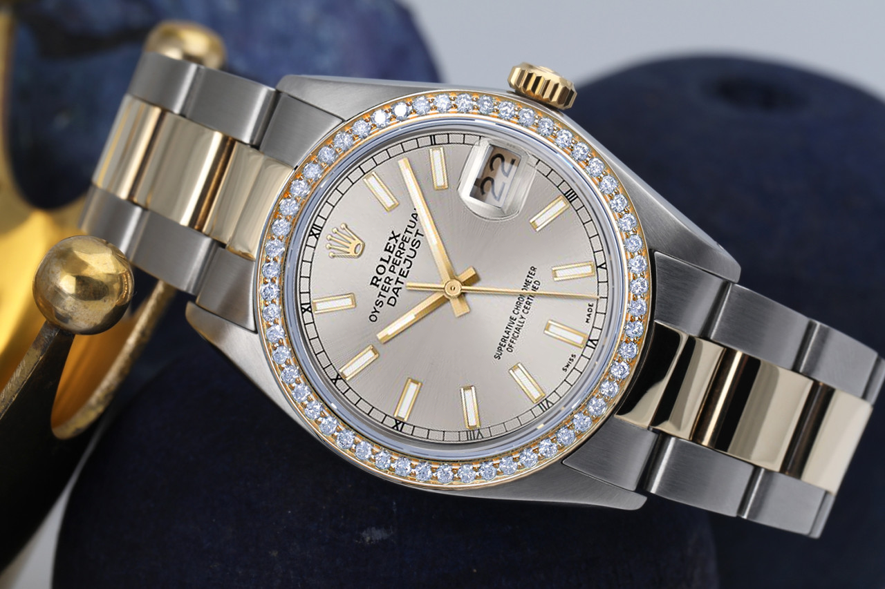 Men's Rolex 36mm Datejust Silver Stick Dial with Diamond Bezel Two Tone Watch