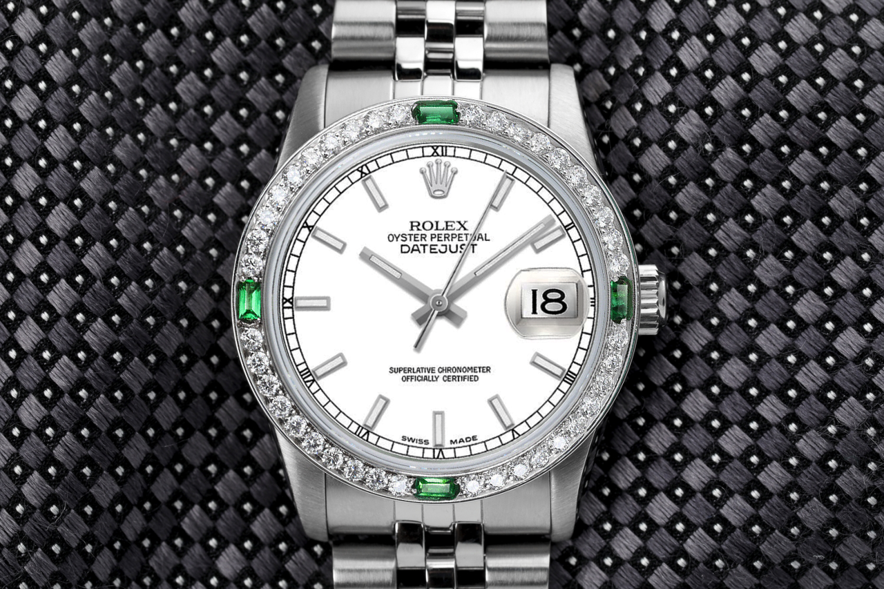 Rolex 31mm Datejust White Stick Dial with Diamonds Emeralds Bezel Stainless Steel Watch