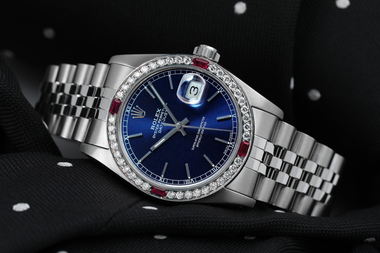 Rolex 31mm Datejust Blue Stick Dial with Ruby  Diamond Bezel Ladies Watch