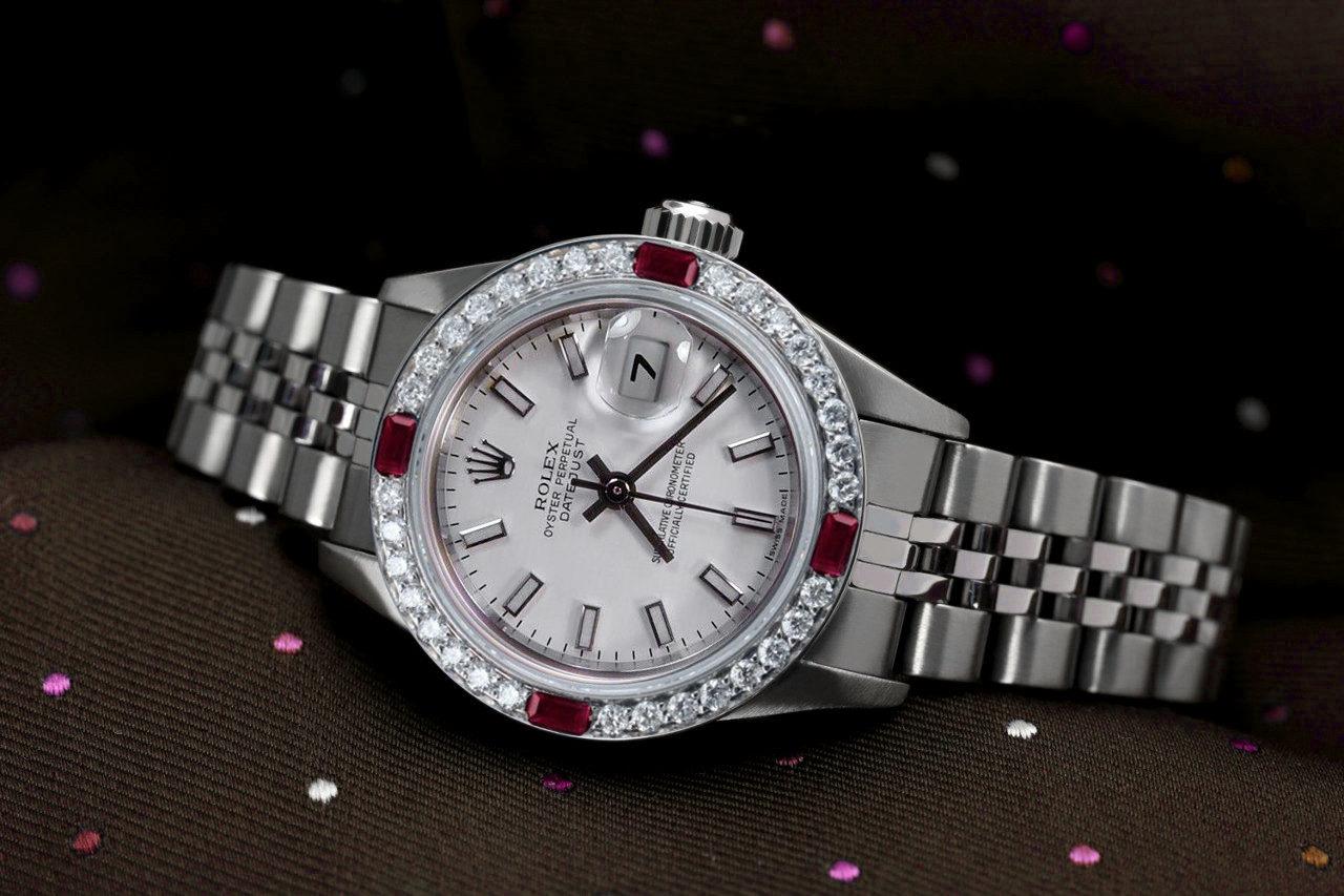 Rolex White Stick Dial 26mm Datejust Diamond  Ruby Bezel Ladies Stainless Steel Watch