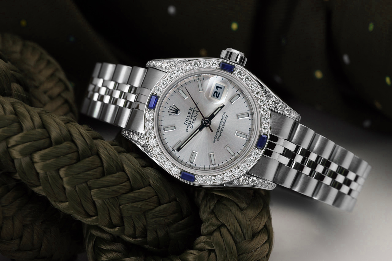 Rolex 26mm Datejust Silver Stick Dial with Sapphire  Diamond Bezel
