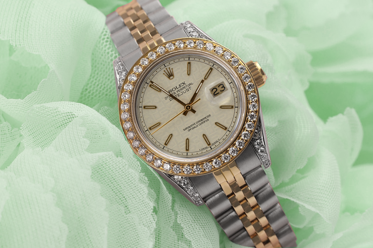 Ladies Rolex 26mm Datejust Diamond Bezel  Lugs Cream Jubilee Stick Dial