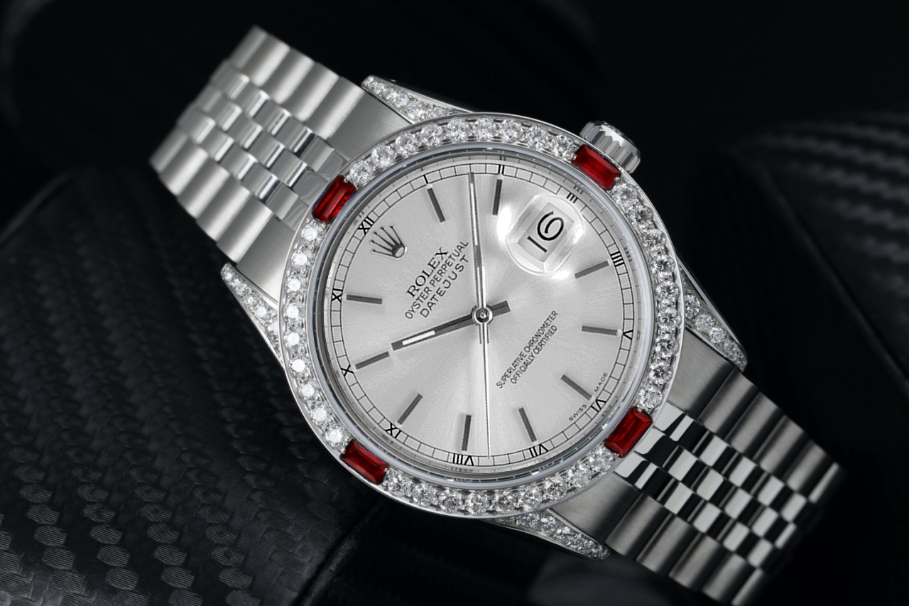Rolex 36mm Datejust with Rubies  Diamond Bezel Automatic Watch  Silver Stick Dial