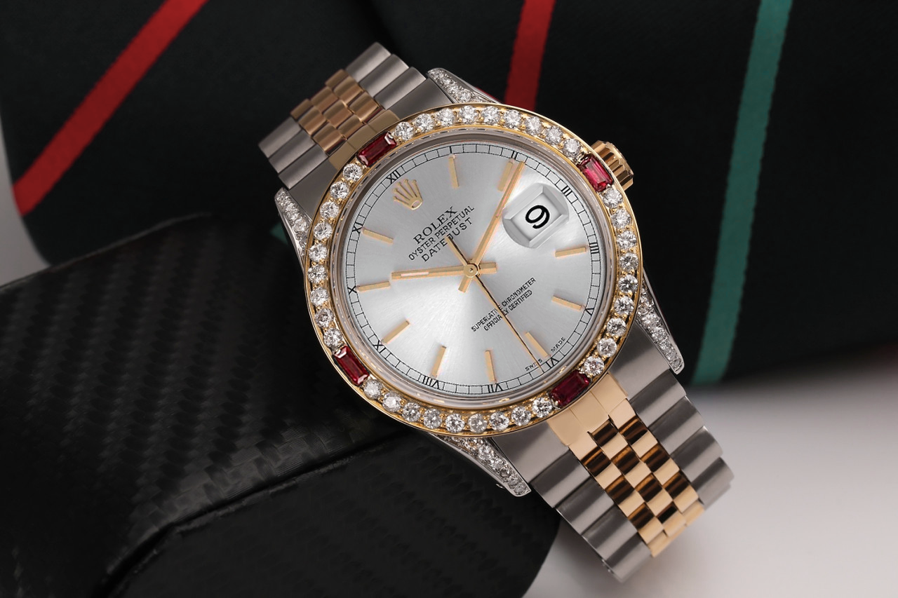 Rolex 36mm Datejust Silver Index Dial Diamond Bezel + Lugs + Rubies Two Tone Watch