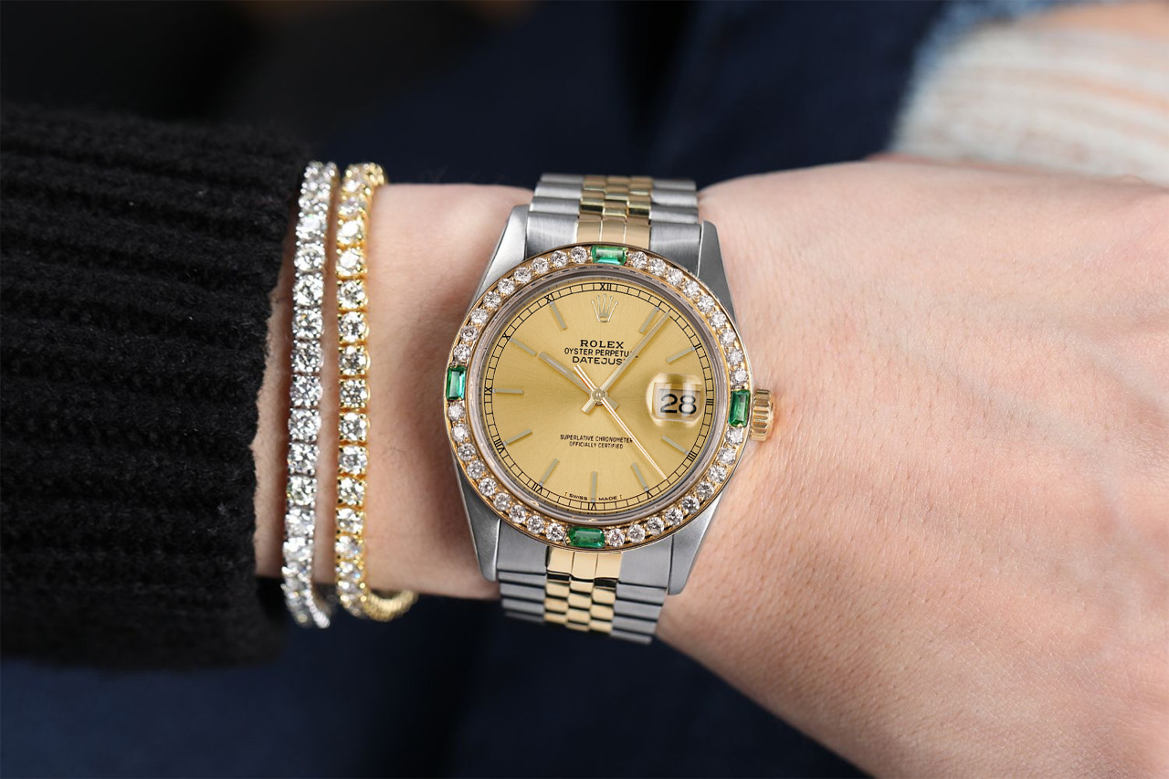 Rolex 36mm Datejust Diamond/Emerald Bezel Champagne Stick Dial Two