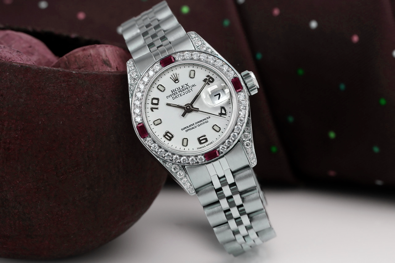 Rolex 26mm Datejust White Color Dial Stainless Steel Watch with Diamonds  Rubies