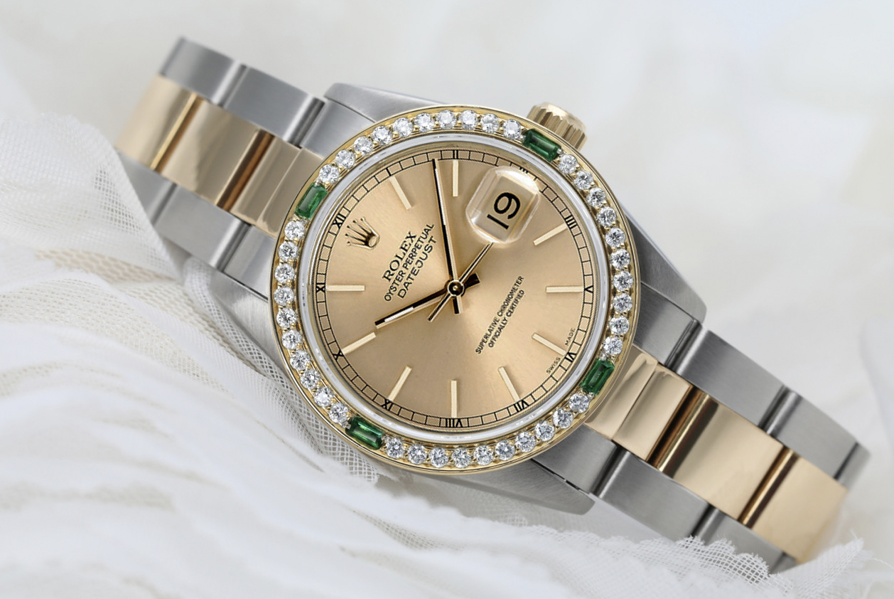 Rolex Champagne Dial 31mm Datejust Two Tone Diamond + Emerald Bezel