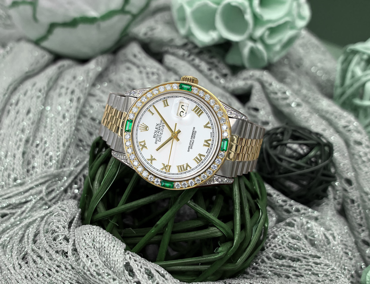 Rolex 36mm Datejust White Roman Dial with Diamond Lugs Diamond/Emerald Bezel Two Tone Watch