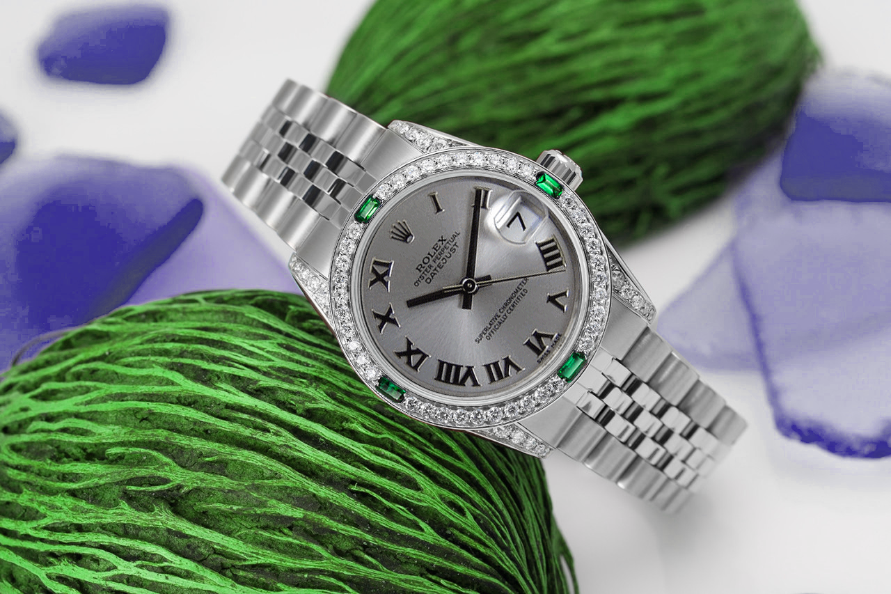 Rolex Datejust Silver Roman Dial with Emeralds Diamond Bezel + Lugs SS Watch