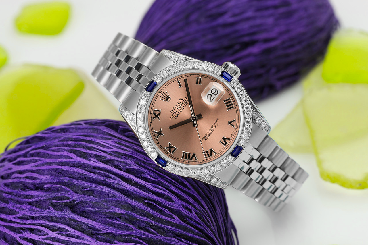 Rolex Datejust Salmon Roman Dial with Diamonds Sapphires Stainless Steel Ladies Watch