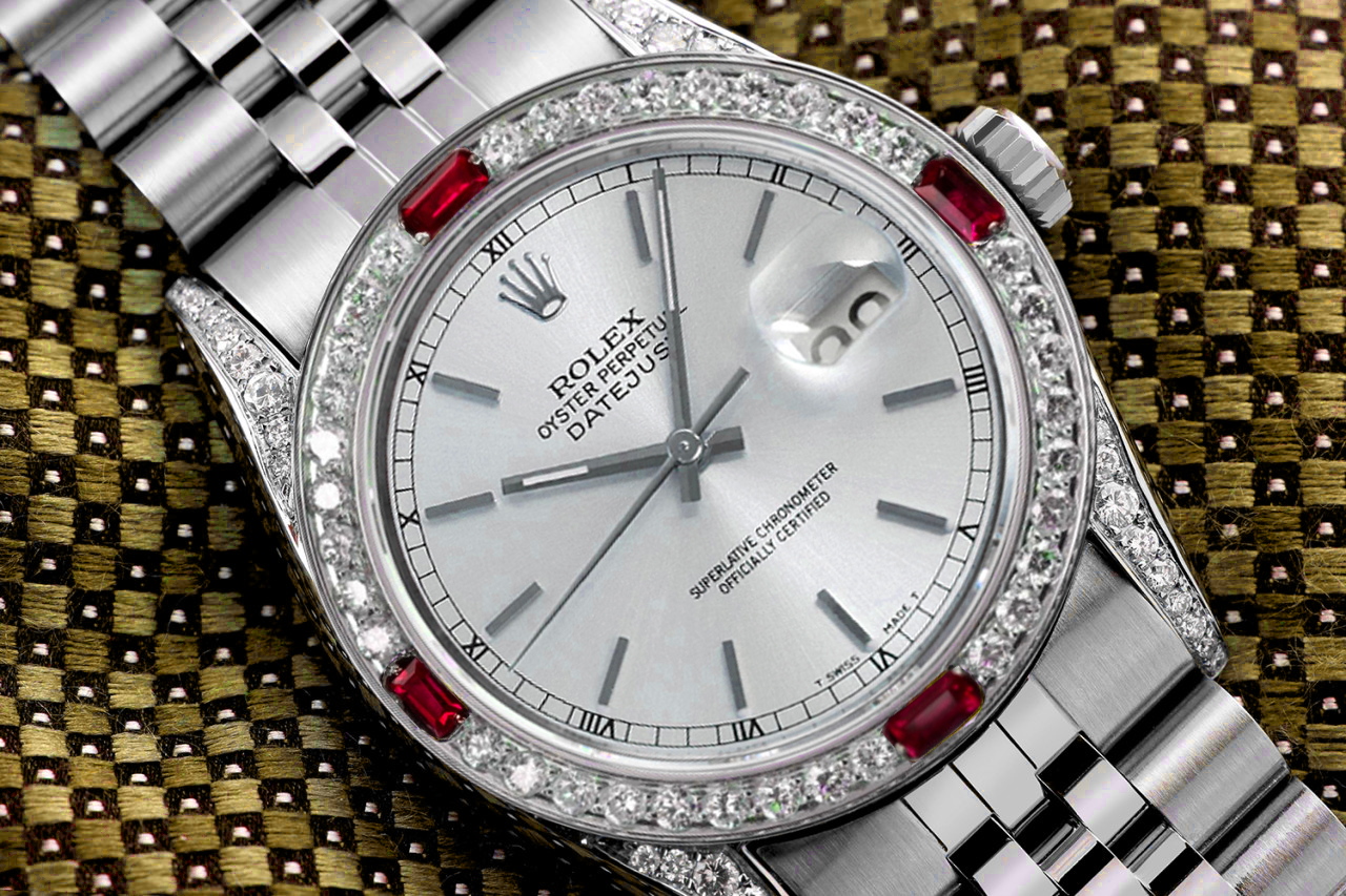 Rolex Datejust Silver Index Dial with Diamond Lugs + Ruby  Diamond Bezel Stainless Steel Watch