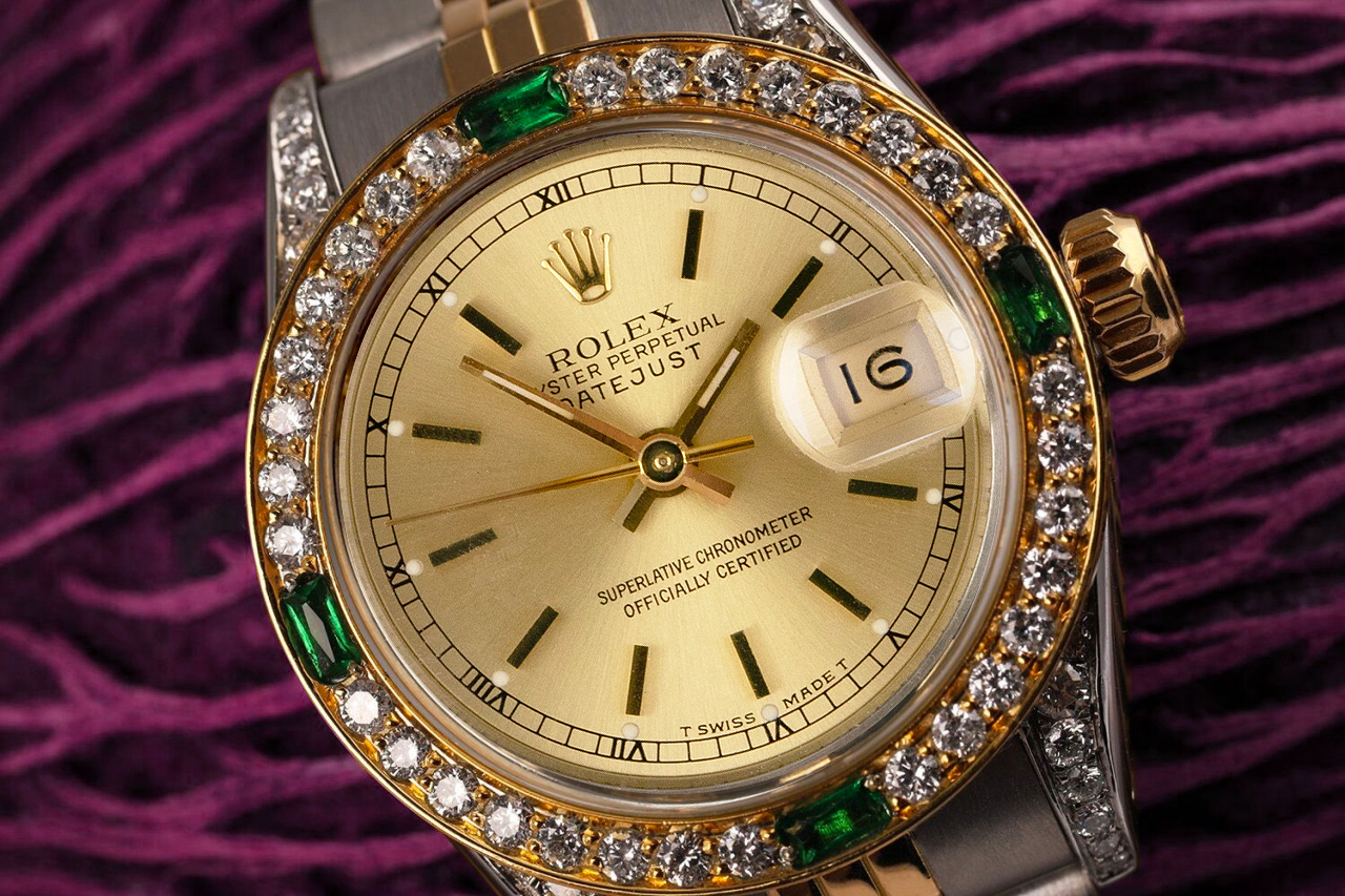Ladies Rolex  Datejust Champagne Index Dial Two Tone Watch with Emeralds  Diamonds