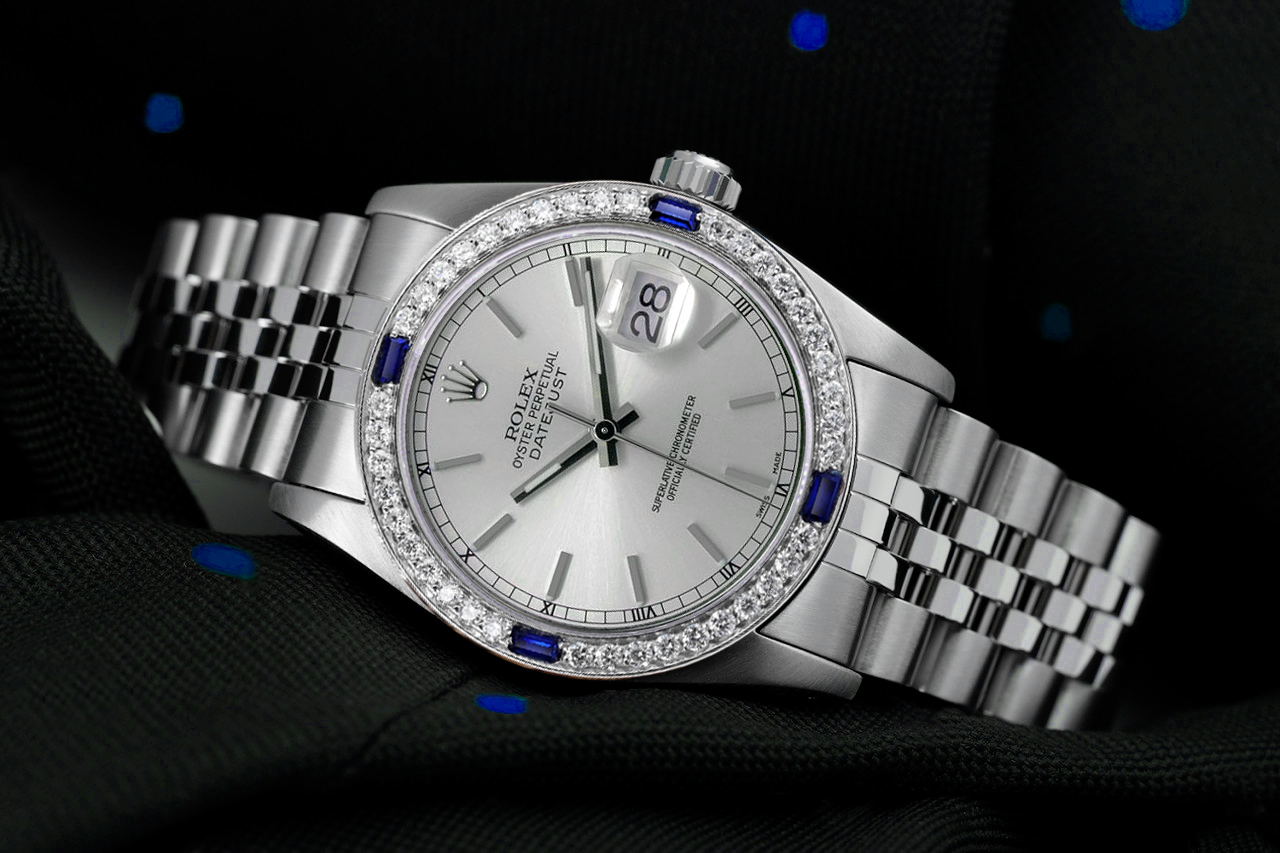 Rolex Datejust Silver Stick Dial with Diamond Blue Sapphire Bezel Steel Ladies Wrist Watch
