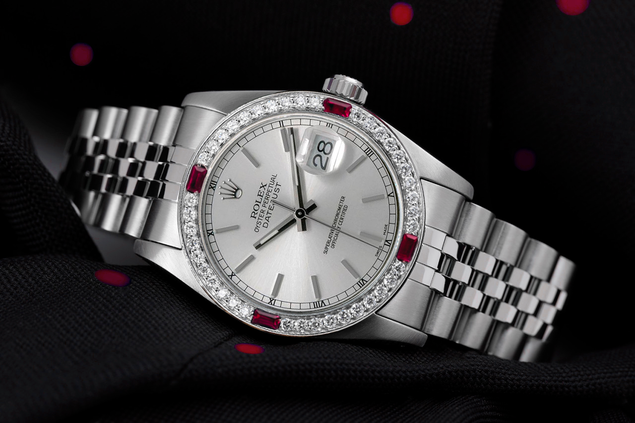 Rolex Datejust Silver Stick Dial with Diamond Ruby Bezel Steel Ladies Wrist Watch