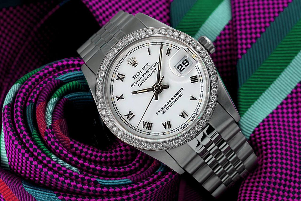 Rolex Oyster Perpetual 36mm Datejust White Roman Dial Stainless Steel Watch Diamond Bezel