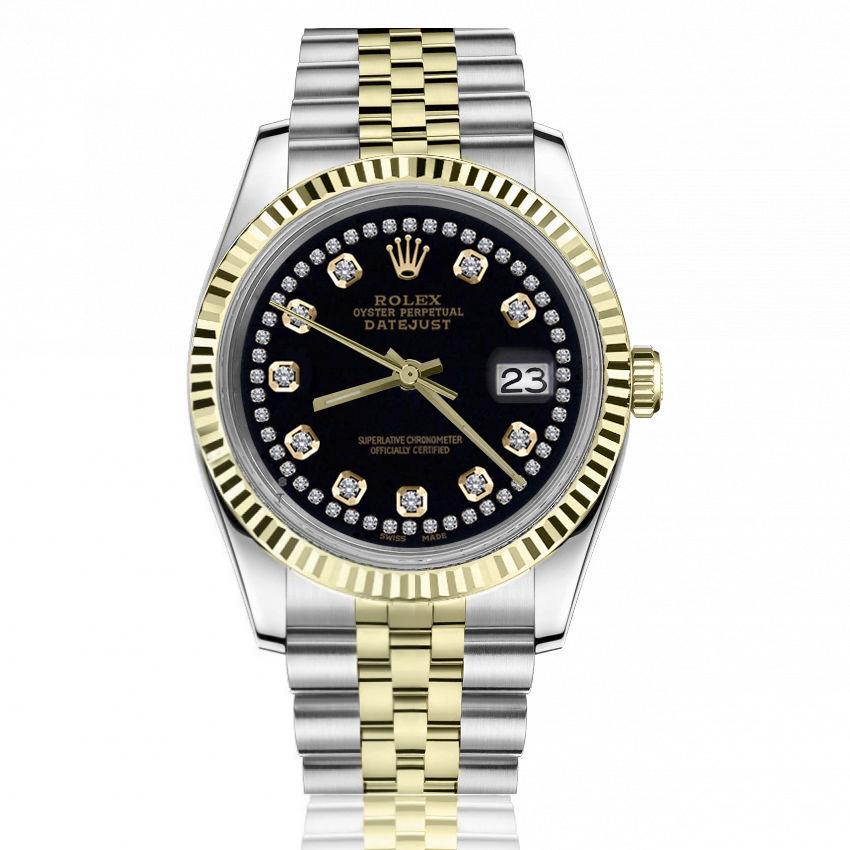 Rolex 36mm Datejust Classic Black Two Row Diamond Dial Oyster Perpetual Automatic Watch