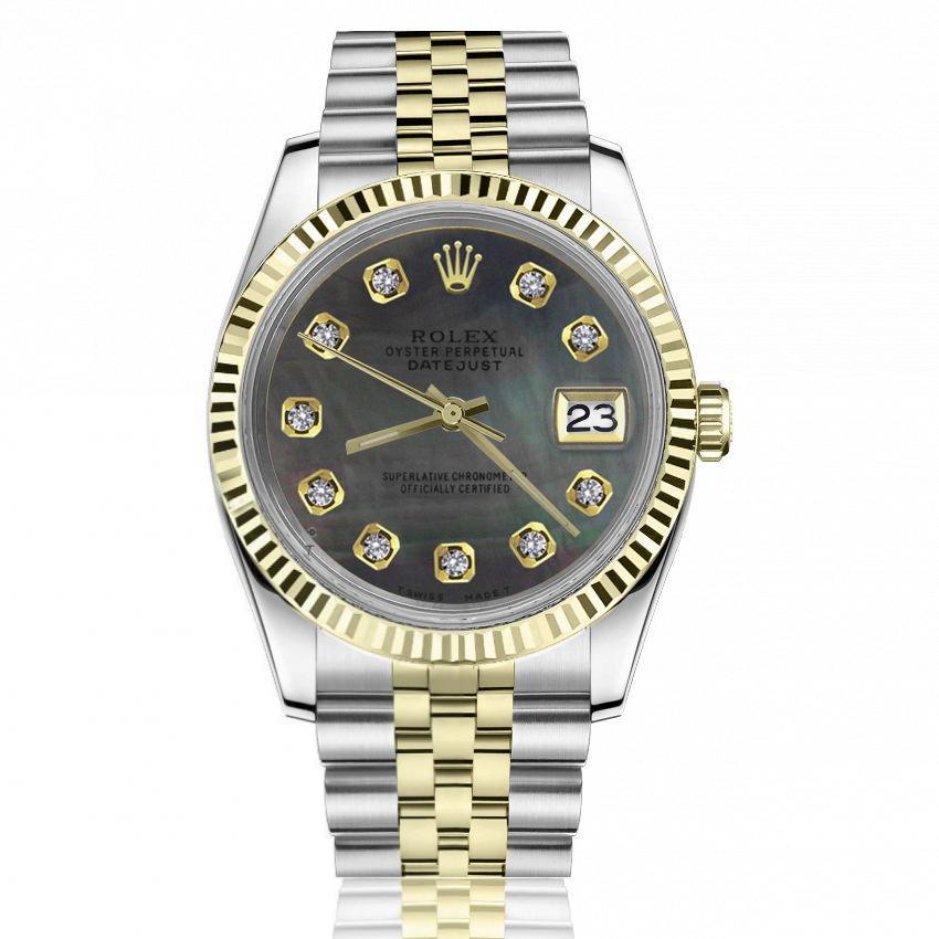 Rolex 36mm Datejust Black Mother Of Pearl Dial with Diamond Numbers Two Tone Automatic Watch