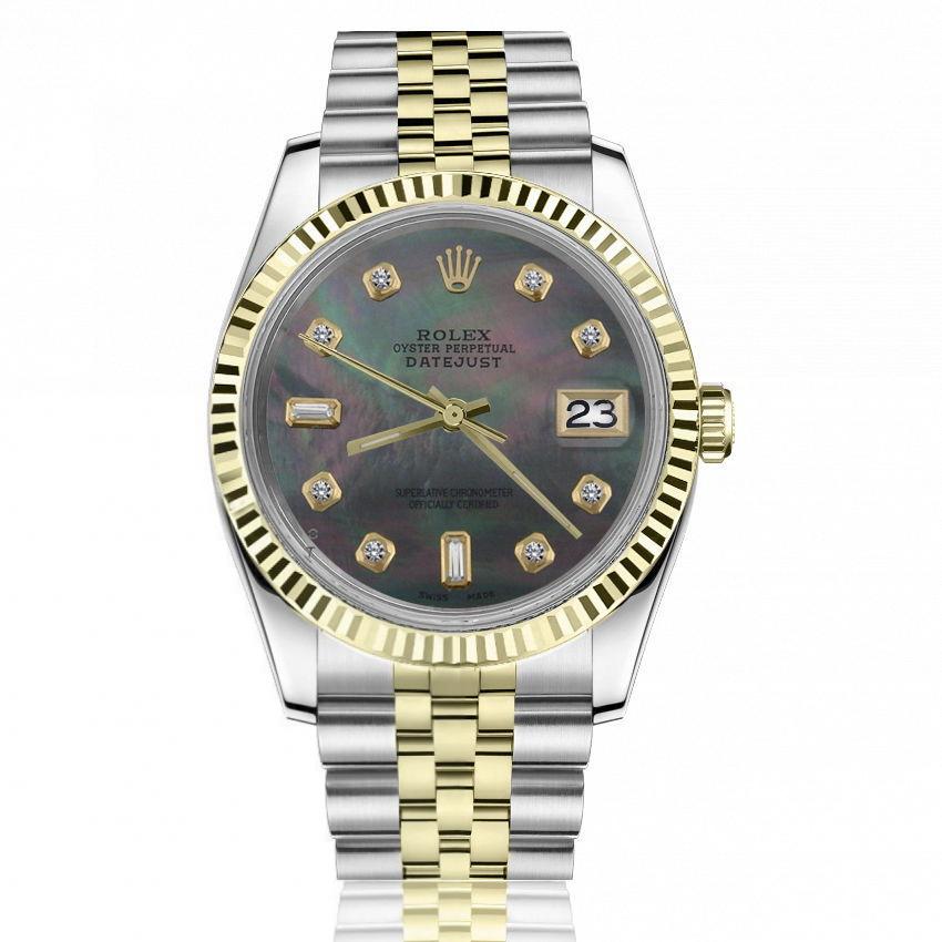Rolex 36mm Datejust Black Mother Of Pearl Face with Baguette  Round Diamond Numbers 