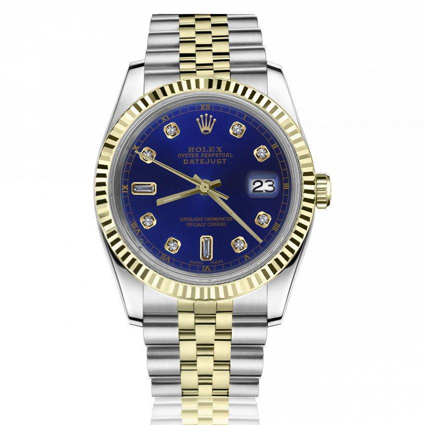 Rolex 36mm Datejust Blue 8+2 Diamond Accent Dial Yellow Gold Fluted Bezel Jubilee Band