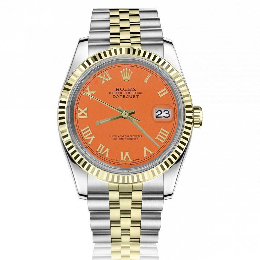 Rolex 36mm Datejust Orange Dial with Roman Numerals Two Tone Jubilee Watch