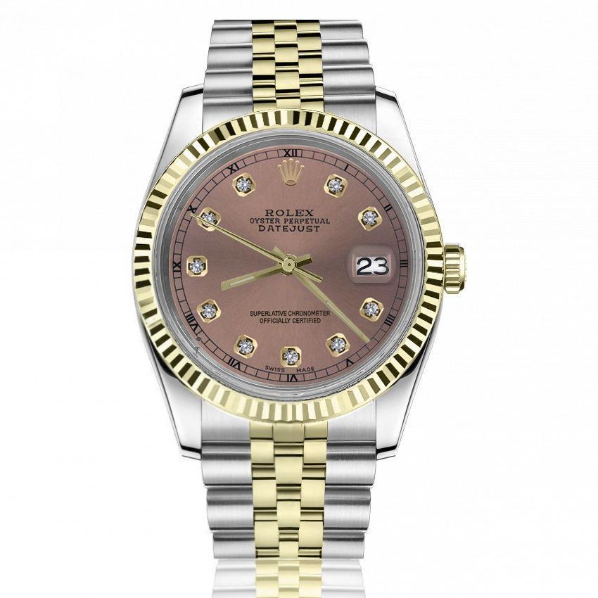 Rolex 36mm Datejust Salmon Dial with Round Diamond Markers Gold Fluted Bezel Jubilee Band