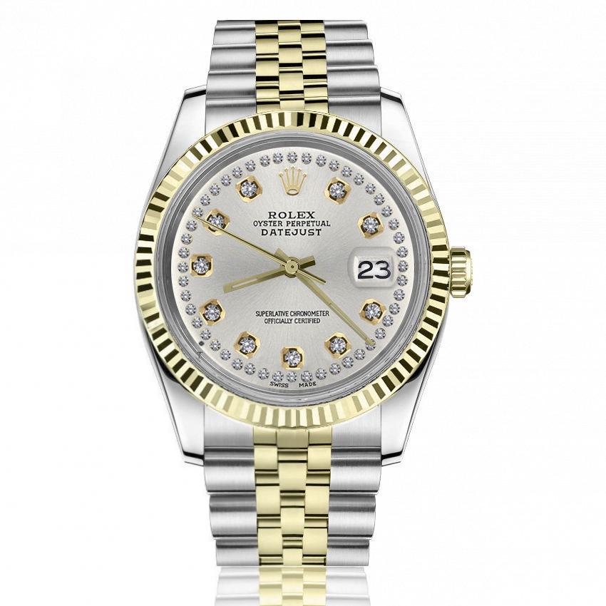 Rolex Oyster Perpetual Datejust Silver Diamond Dial Fluted Bezel Two Tone 36mm Watch